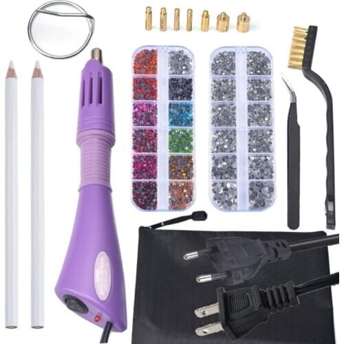 Hotfix Applicator Tool Kit DIY Hot Fix Rhinestones & 7 Tips Support Stand Tweezers Cleaning Brush Wax Pencils Kit ES or EU PLUG