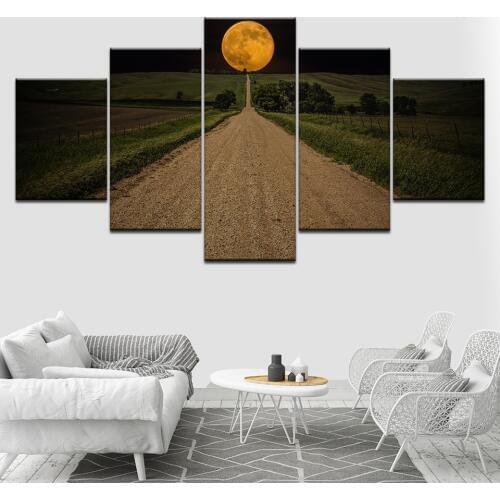 A large sunset Field trail 5 Piece Wall Art Canvas Print modern Poster Modular art painting for Living Room Home Decor