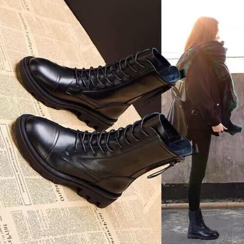 Black PU Leather Ankle Boots Women Autumn Winter Round Toe Lace Up Shoes Woman Fashion Motorcycle Platform Botas