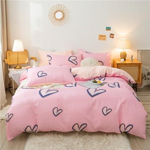 Home Living Pink Heart Print 3/4Pcs Bedding Sheet Pillow Case Duvet Cover Queen Size and King Size Bedding Sets