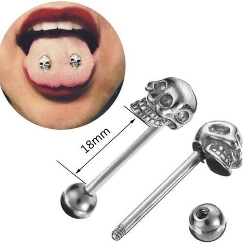 1 Piece 14G Stainless Steel Punk Skull Tongue Rings Skulls Tongue Nail Barbell Ring Nipple Body Piercing Jewelry
