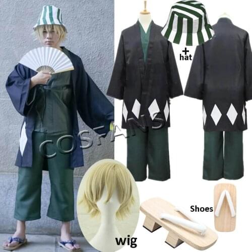 Anime Bleach Urahara Kisuke Gotei 13 Cosplay Costume Kimono Halloween For Men Women Full Outfit (Cape&Tops&Pants&Hat) Wig shoes