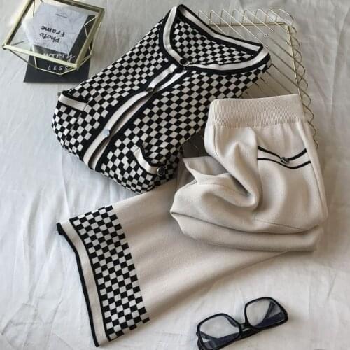 Fashion Round Neck Knitted Cardigan Suit Wommen Casual Slim Loose Wide Leg Pants Two Piece Suit Solid Straight High Sports Set