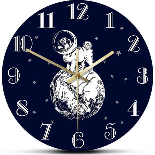 The Pug Astronaut Cartoon Wall Clock Starry Sky Space Dog Funny Animal Puppy Dog Wall Watch Nursery Kid Room Silent Wall Clock