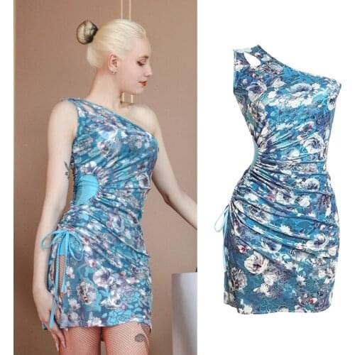 Latin Dance Competition Dress Women Oblique Shoulder Tango Printing Performance Stage Csotume Rumba Practice Dancewear VDB3689