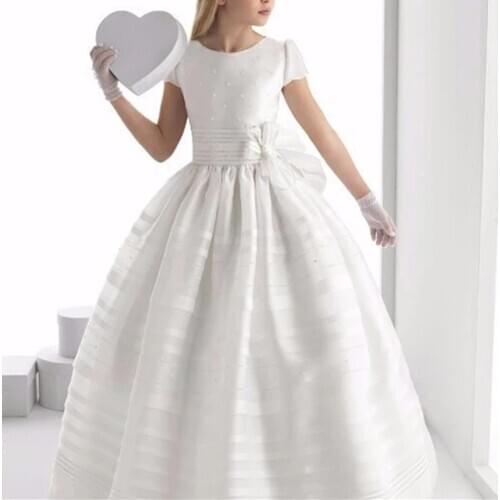 Stain First Communion Dresses For Girls Short Sleeve Scoop Pearls Flower Girl Dresses for Weddings