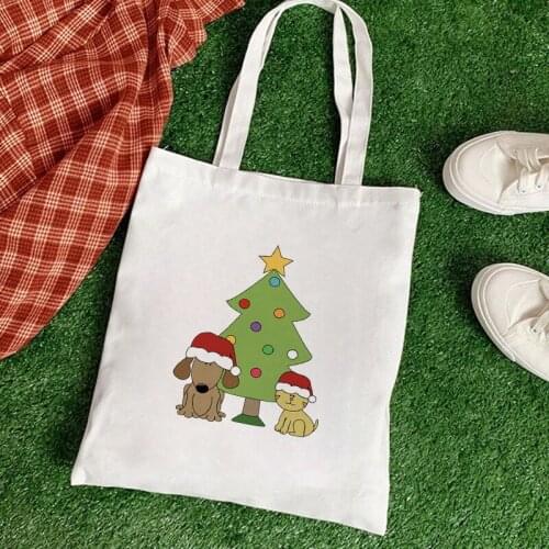 Shopping Bags Women Christmas Tree Cute Dog Printed Chic Big Capacity Leisure Daily Shop Bag Canvas Tote Reuseable Eco Harajuku