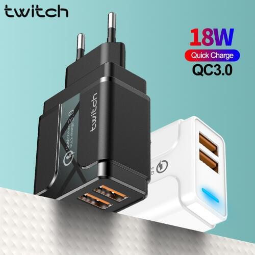 Twitch Quick Charge 3.0 USB Charger EU Wall Mobile Phone Charger Adapter for iPhone X 7 8 QC3.0 Fast Charging for Samsung Xiaomi