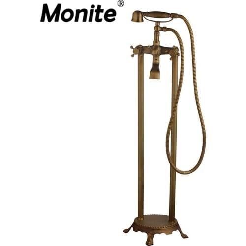 Approval Antique Brass Bathroom Shower Set Floor Mount Freestanding Bathtub Filler Bath Tub Faucet Antique Brass
