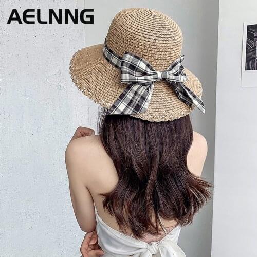 AELNNG Brand 2021 New Panama Hat Womens Summer Shading Striped Checkered Bow Straw Hats Casual Beach Sunhat FT001