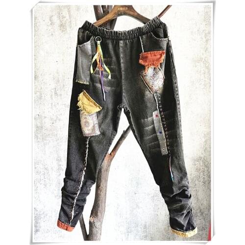 QING MO Women Embroidery Pants With Colorful Patch Women Denim Jeans Tassel Contrast Color Pants Vintage Style ZQY5235