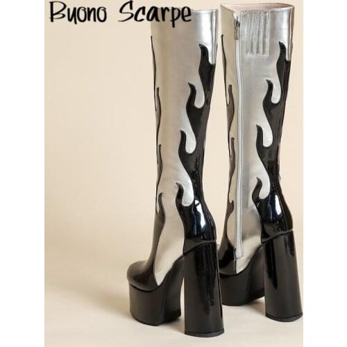 Flame Embroidery Chunky Heels Platform Boots Leather High Heels Knee High Boots Round Toe Thick Platform Shoes for Women Boots