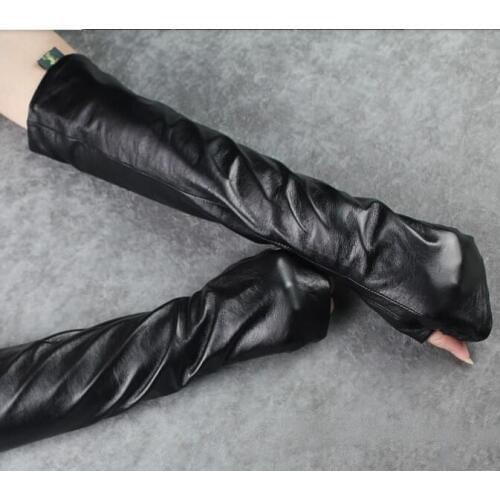 Female fashion long sheepskin gloves half finger PU Arm Warmers Winter Gloves Korean lengthened
