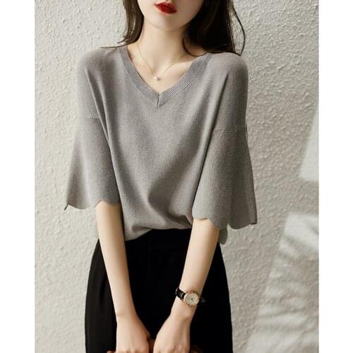 Tops Women 2021 Summer Thin Elegant Knitted Tshirt Short Sleeve O Neck T-shirts Gray Korean Fashion Casual Tee Shirt Clothing