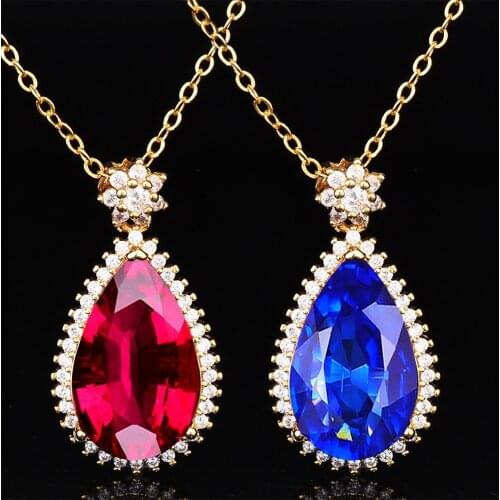 QTT New Charms Natural Tanzanite Blue Topaz Sweater Necklace for Women Palace Vintage Ruby Pendant Necklace Valentines Day Gift