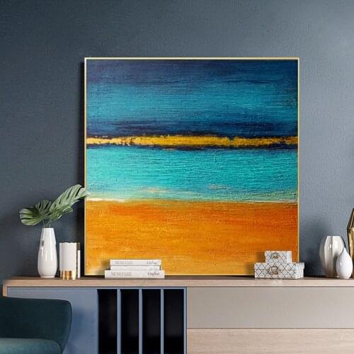100% Hand Painted Simplicity Blue Gold Orange Abstract Oil Painting Wall Art Abstract For Living Room Large Size No Frame