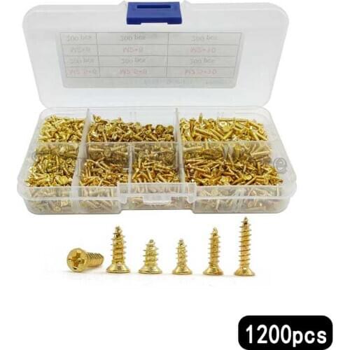1200Pcs/set Mini Flat Self-tapping Screws Set M2 M2.5 Carbon Steel Gold-plated Screw Phillips Screw Kit 2*6mm Golden Screws