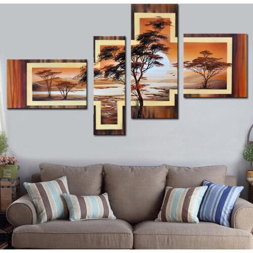 4 Piece Hand Painted African Abstract Landscape Oil Paintings on Canvas Modular Pictures for Living Room Decoration Unframed Art