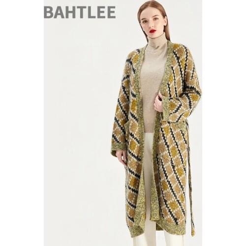 BAHTLEE Winter Women Multicolour Mohair Coat Long Sleeve Cardian Sweater With Belt Sashes Wool Knitted Jumper V-Neck Thick Loose