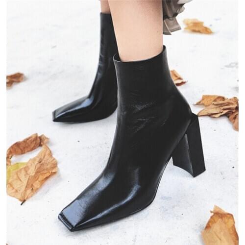 2020 Ankle Cowboy Boots For Women Western Punk Autumn Winter strange High Heel Black Leather Square Toe Mature Shoes Women