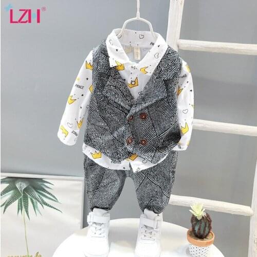 LZH 2021 Autumn Gentlemans Childrens Clothing Long-Sleeved Trousers Vest Suits Casual Baby Boys Clothes Sets Cute Kids Costume