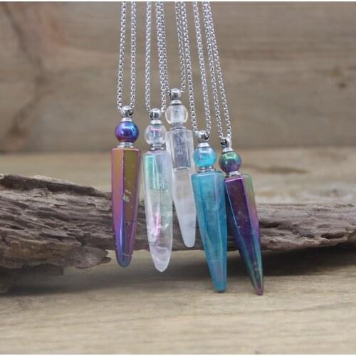 Raw Crystal Point Perfume Bottle Pendants AB Rainbow Aura Quartz Tusk Essential Oil Vial Chams Silvery Necklace Jewelry QC1032