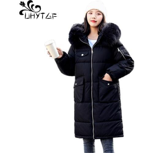 UHYTGF New Parka Womens Winter Coats Womans Long Cotton Casual Fur Hooded Jackets Warm Parkas Female Overcoat Free shipping X608