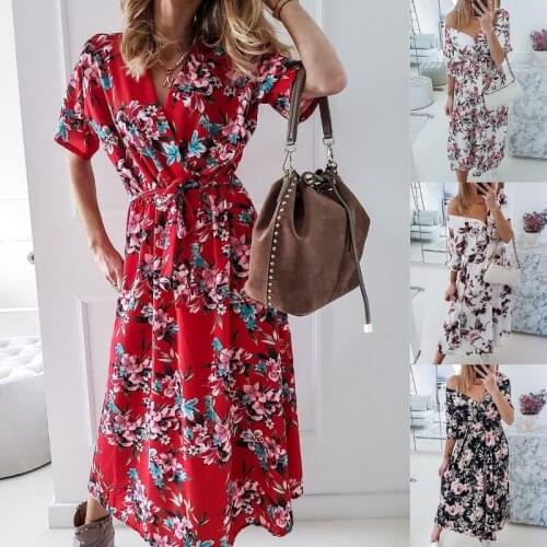 2021 Summer New V-neck Fashion Short-sleeved Tie Print Long Dress Casual Midi Dresses Sundress Vacation Dress Clothes for Women