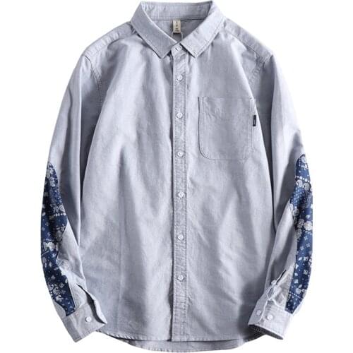 Japanese Harajuku 100% Cotton Button Up Patchwork Long Bandana Sleeve Shirt for Men with Pockets Plus Size