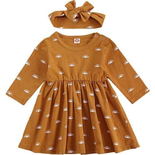 0-24M Spring Autumn Fashion Newborn Baby Girls Princess Dress Sun Print Long Sleeve O-neck Dresses with Headband Clothes