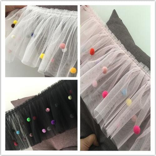 Pink Black White Pompom Mesh Lace Trim 1 Meter Ruffled Gauze Lace Fabric DIY Handmade Craft Supplies 17cm Wide