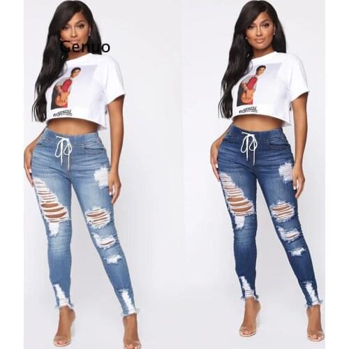 Light Blue Ripped Jeans for Women 2021 Street Style Sexy Mid Rise Distressed Trouser Stretch Skinny Hole Denim Pencil Pants