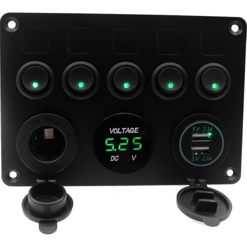 5 Gang Universal Waterproof Switch Panel with LED Digital Voltmeter 2 USB Charger for Boat Camper Marine RV