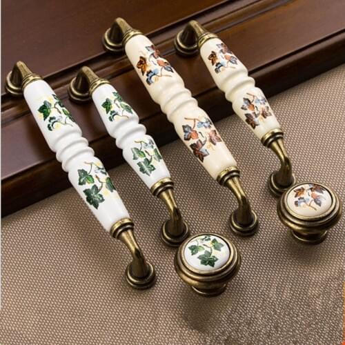 1PCS Vintage Rural Ceramic Drawer Cupboard Door Handles Green/Red Leaves Cabinet Pulls Dresser Kitchen Pull Knobs For Furniture