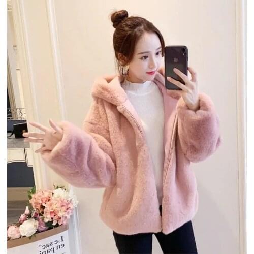 Women Faux Fur Jacket 2021 Autumn Winter Thick Imitation Rabbit Mink Plush Short Coat Sweet Loose Female Hooded Zipper Parka