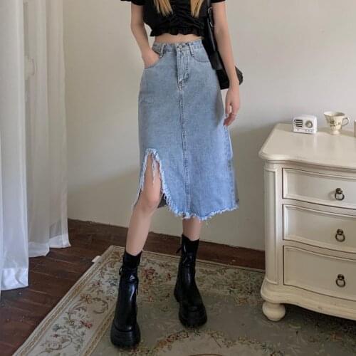 CHIC Irregular Split Bottom Burrs Cotton Denim Jeans Women Skirts Knee Length Midi Summer Casual England A Line Street Wear