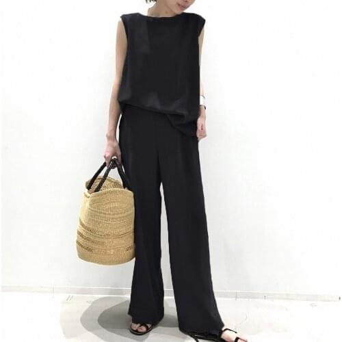 Korean Women Sleeveless T-Shirt Tops Matching Sets Summer Pullover Plain Simple Ladies Wide Leg Pants 2 Piece Suits Japan 2021