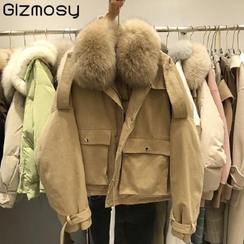 Gizmosy Real Fox Fur Down Jacket Women 2021 Winter 90% White Duck Down Coat Female Short Loose Big Pocket Puffer Snow Outwear