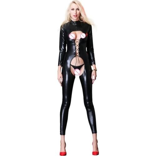 Women Sexy Wetlook PVC latex catsuit Open Crotch Nightclub Dance Wear Faux Leather fetish hot Erotic Lingerie Bondage Bodysuit