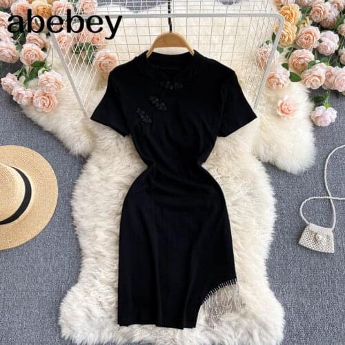 Women Korean Dress Stand Collar Short Sleeve Solid Slim Party Dresses Summer Fashion Streetwear Mini Pencil Dress