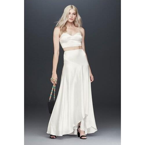 Two Piece Crop Top V-Neck Spaghetti Straps Pleats Dew Shoulder Evening Dresses for Women Sleeveless 2021 New Design Fashion Gown