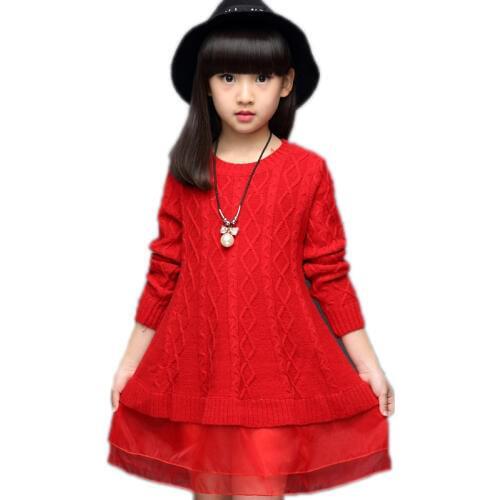 Winter knitted sweater girl 2019 new spring long style girls sweater solid long sleeve patchwork Organza winter pullover girls