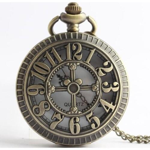 50pcs/lot Bronze Hollowed Arabic Number Quartz Pocket Watch Necklace New Arrival Pendant Gift Men Women Watches