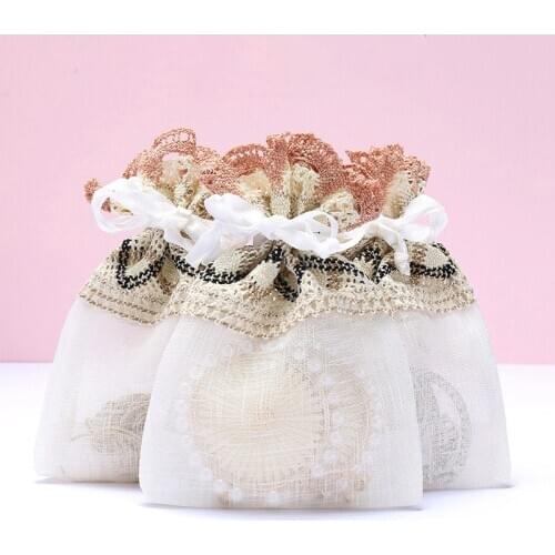 12 Pcs 10x14cm Floral Style Drawstring Wave Lace Yarn Bag for DIY Sundries Craft Pouch Gift Candy Bag Wedding Party Decor Bag