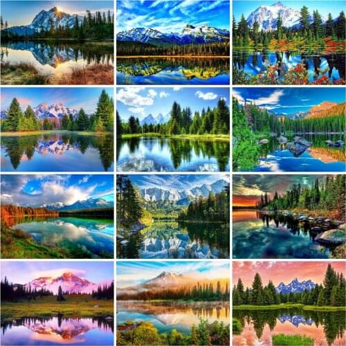 Huacan 5d Diamond Painting Mountain Scenery Mosaic Spring Tree Embroidery River Natural Landscape Home Decor