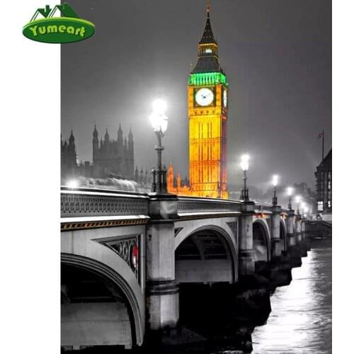 YUMEART DIY Diamond Painting Bridge Night View Embroidery Cross Stitch Mosaic City Night European Style Living Room Decoration