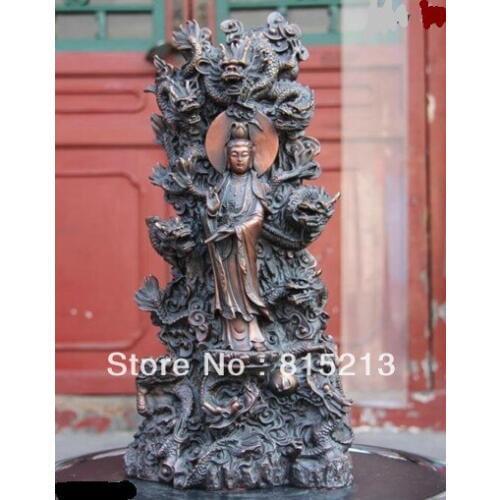 Bi00186 Copper Bronze Nine Dragon Kwan-yin Guan yin Bodhisattva Goddess Buddha Statue