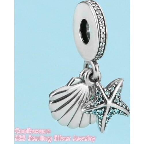 Summer 925 Sterling Silver Tropical Starfish & Sea Shell, Frosty Mint & Clear CZ bead Fit Pandora Bracelets Jewelry Making