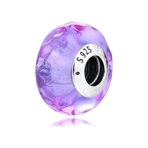 DIY Fits for Pandora Charms Bracelets Wavy Lavender Murano Glass Beads 100% 925 Sterling-Silver-Jewelry Free Shipping