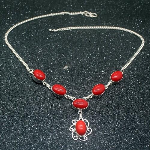 Elegant Charm Natural Unique RedCoral Silver Color Women Pendant Necklace Chain 17 Inch HD659